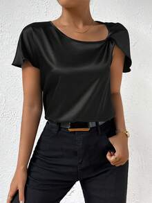 Solid Asymmetrical Neck Blouse - Black - View 6