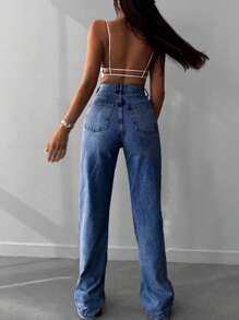 EURMUSE 100%Cotton Zipper Fly Flare Leg Jeans - Medium Wash - View 2