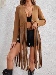 SHEIN VCAY Open Front Fringe Hem Coat - Camel - View 7