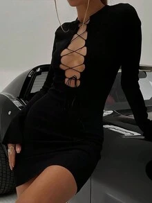 Lace Up Front Bodycon Dress - Black - View 4