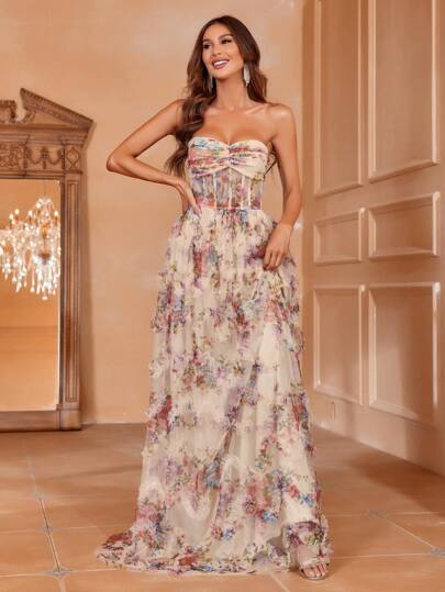 Faeriesty Vestido largo con estampado floral sin tirantes, escote de corazón y corpiño ajustado - Elegante vestido de gala para eventos primaverales/veraniegos | Bodas en jardines, galas de noche, bailes de graduación, cenas de lujo, vestido de fiesta, vestido de invitada de boda