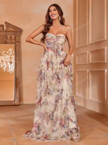 Strapless Floral Maxi Dress With Sweetheart Neckline & Fitted Bodice - Elegant Formal Gown For Spring/Summer Events | Garden Weddings, Evening Galas, Prom Nights, Luxury Dinners Party Dress Wedding Guest Dress