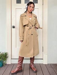 SHEIN EZwear 雙排釦腰帶風衣外套 - 卡其色 - 查看 5