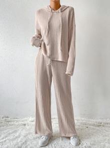 SHEIN LUNE Thả vai Dây rút Áo Hoodie & Quần - Màu be - Xem 6