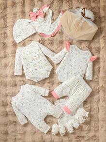 SHEIN Bébé Fille Imprimé Floral À Nœud Papillon À Volants Body & 1 pièce Chapeau & 1 pièce Pantalon & 2 pièces Bavoir ETC - Multicolore - Voir 2