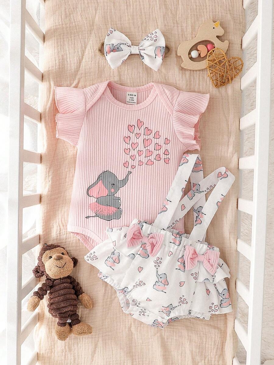 Bebé niña con estampado de dibujos animados ribete con fruncido Body & tirantes Shorts con banda cabeza - Rosa - Ver 1
