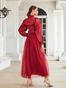 Missord Zabudowany dekolt Rękaw latarnia Sukienka z siateczki - Burgund - Zobacz 2