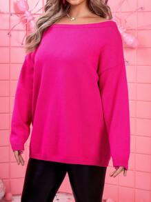 Celure 大碼船領落肩袖套頭毛衣 - 玫紅色 - 查看 5