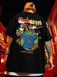 Manfinity Hypemode 男士大码卡通和標語圖案T恤 - 黑色 - 查看 1