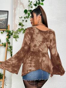 PUNK 大碼紮染褶邊不對稱下擺T恤 - 棕色 - 查看 2