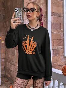 PUNK 萬聖節骷髏手和字母圖案落肩袖套頭衫 - 黑色 - 查看 5