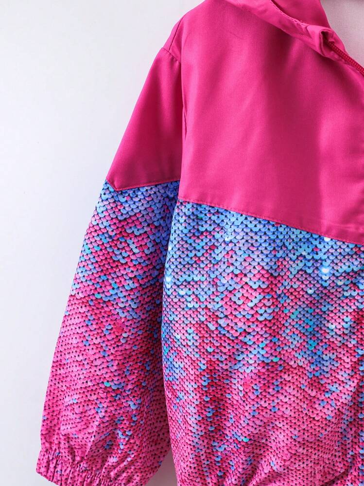 SHEIN Chica Joven Cazadora con estampado de escamas de pescado con cremallera con capucha - Rosa Fucsia - Añade 4