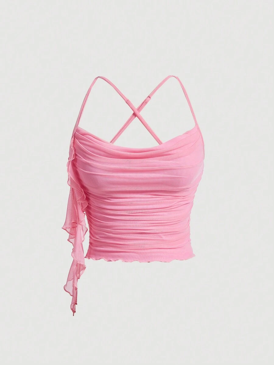 SHEIN MOD Solid Ruched Cami Top,Flamenco Dress - Pink - View 1