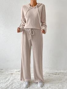 SHEIN LUNE Thả vai Dây rút Áo Hoodie & Quần - Màu be - Xem 3