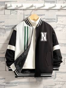 SHEIN Tween Boy 1pc Letter Graphic Two Tone Thermal Lined Striped Trim Varsity Jacket - Multicolor - View 5