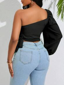 VaVaBold Tay áo lồng đèn một vai Nút ven Áo sơ mi Crop - màu đen - Xem 6