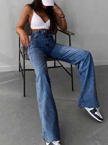 EURMUSE 100%Cotton Zipper Fly Flare Leg Jeans - Medium Wash - View 3