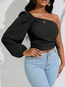 VaVaBold Tay áo lồng đèn một vai Nút ven Áo sơ mi Crop - màu đen - Xem 4