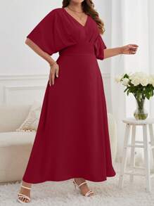 SHEIN Privé Plus Solid Batwing Sleeve A-line Dress - Red - View 5