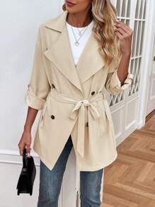 Chiquease 捲邊袖雙排釦腰帶風衣外套 - 卡其色 - 查看 1