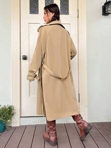 SHEIN EZwear 雙排釦腰帶風衣外套 - 卡其色 - 查看 2