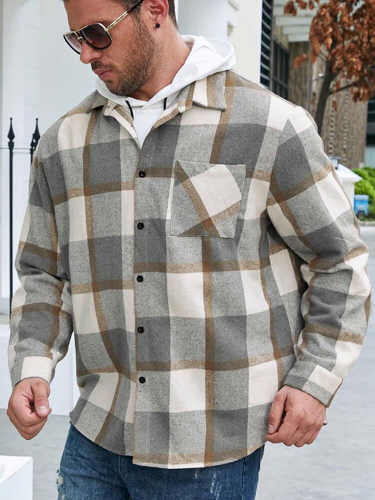Loose Fit Men's Plus Size Plaid Printed Overcoat With Pocket, No Hood