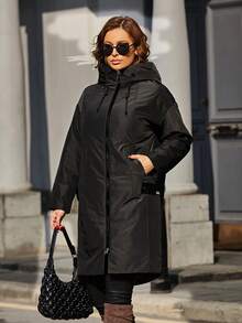 Astrid Plus Size Zip Up Drawstring Hooded Padded Coat, For Winter - Black - View 3