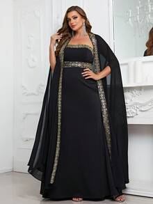 YISIKADO Plus Contrast Sequin Formal Dress With Cape - Black - View 6