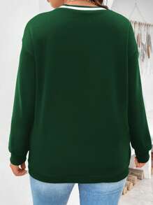 Flirla Sudadera con gráfico de letra Plus, hombros caídos y ribete a rayas
