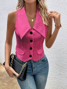 SHEIN Privé Solid Button Front Vest Blazer - Hot Pink - View 4