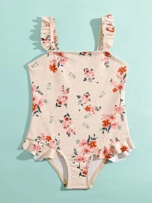 Toddler Girls Floral Print Ruffle Trim One Piece Swimsuit - Baby Pink - View 5