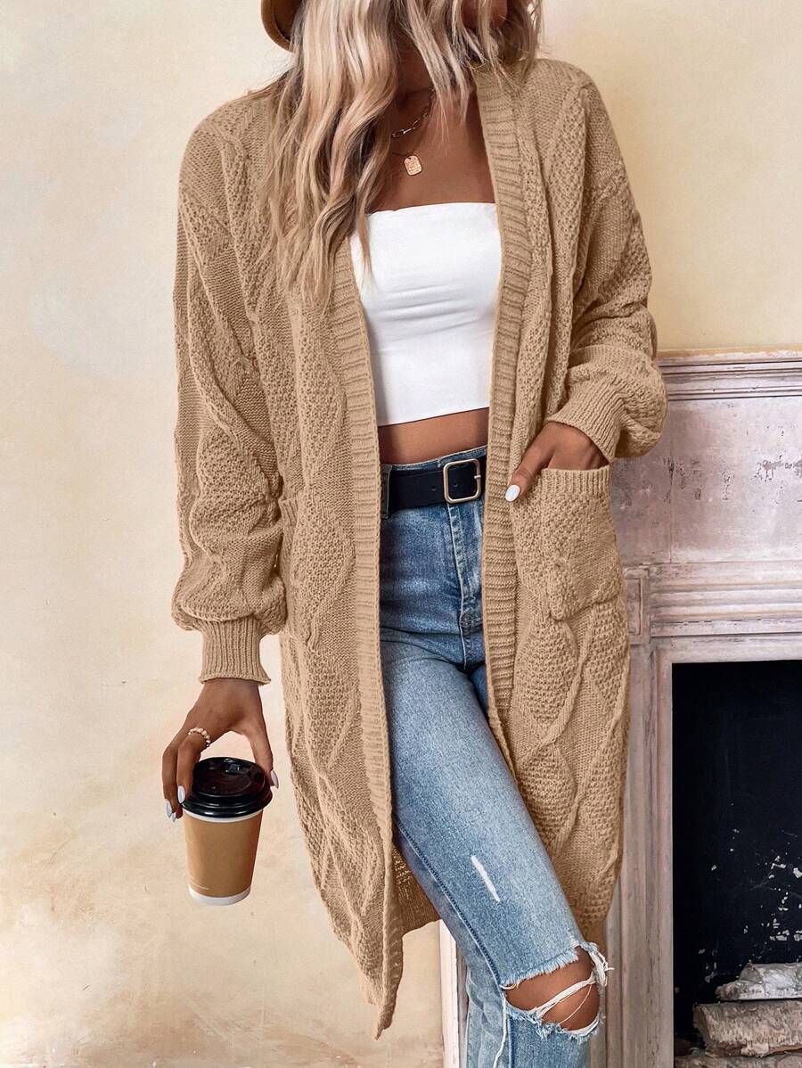 SHEIN LUNE Áo khoác cardigan thả vai hai túi - Màu be - Xem 1