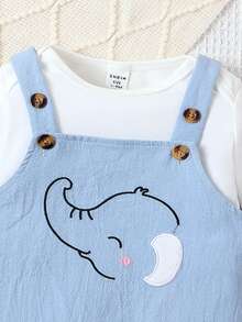 SHEIN Baby Boy Solid Tee & Cartoon Graphic Overall Romper - Blue and White - View 4