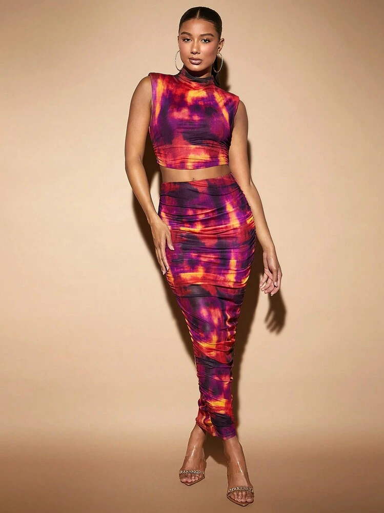 SHEIN BAE טאי דאי צווארון גבוה מרופט גופיות  & חצאית עפרון - ריבוי צבעים - ראה 2