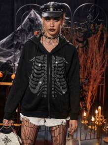 PUNK Halloween Skeleton Rhinestone Zip Up Drawstring Hoodie - Black - View 5