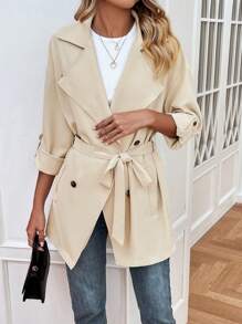 Chiquease 捲邊袖雙排釦腰帶風衣外套 - 卡其色 - 查看 3