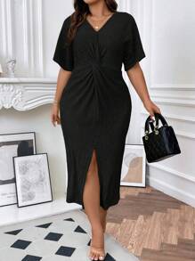 SHEIN Unity Plus Twist Front Split Thigh Dress Maxi Women Outfit - Black - View 3
