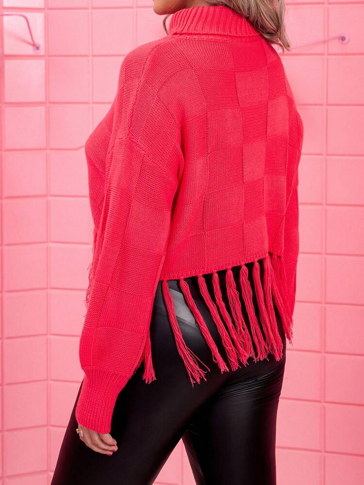 Plus Turtleneck Fringe Hem Drop Shoulder Sweater Knit Pullover Fall Winter Sweater