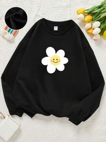 Tween Girl Casual Floral Print Long Sleeve Sweatshirt, Suitable For Autumn/Winter - Black - View 1