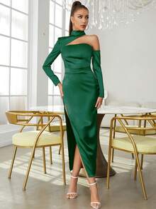 Asymmetrical Neck Split Thigh Satin Dress - Green - View 5