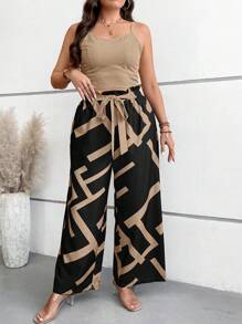 SHEIN Clasi Plus Size Boho Cami Top & Geo Print Paperbag Waist Belted Wide Leg Pants, For Summer - Khaki - View 4