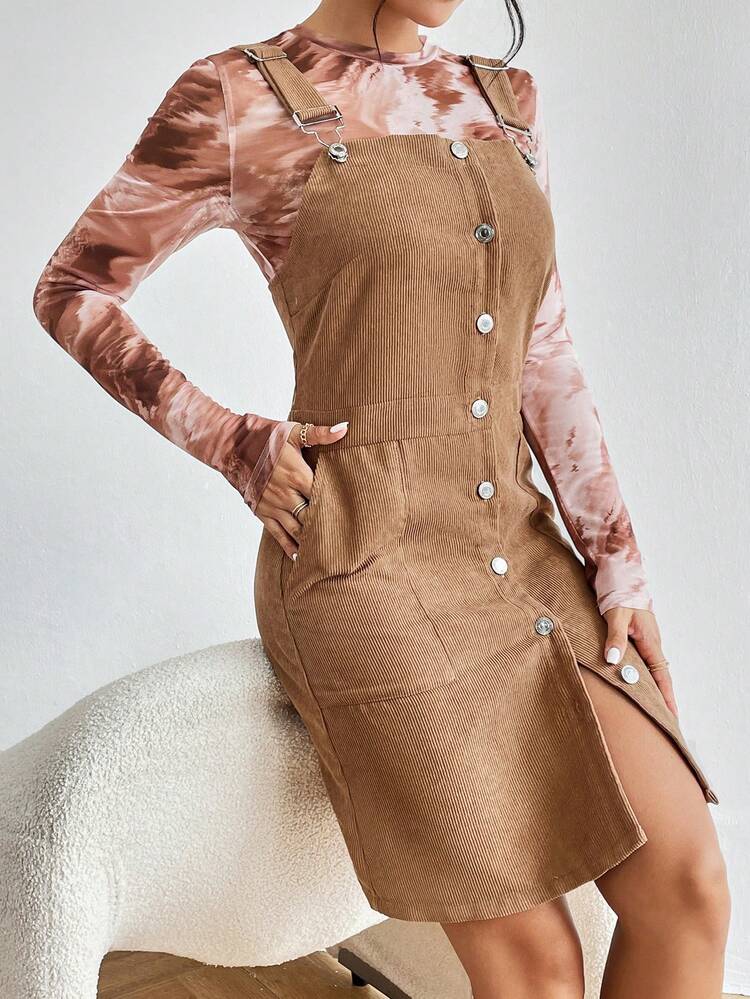 SHEIN Essnce Tie Dye Top & Button Front Overall Dress - Multicolor - View 5