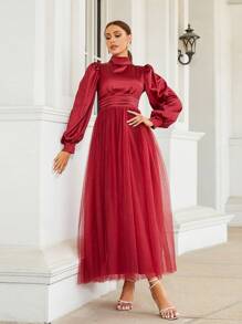 Missord Zabudowany dekolt Rękaw latarnia Sukienka z siateczki - Burgund - Zobacz 1