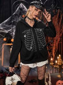 PUNK Halloween Skeleton Rhinestone Zip Up Drawstring Hoodie - Black - View 3
