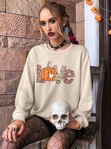 PUNK Sweat-shirt Lettre Et Imprimé Citrouille Épaule tombante