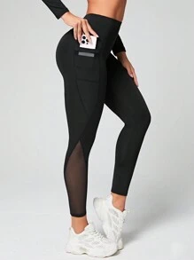 Easithlete 女款网眼侧插手机袋运动紧身裤瑜伽裤 - 黑色 - 查看 1