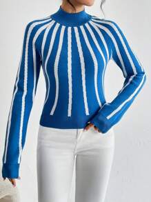 SHEIN Privé Çizgili Gündelik Kadın Kazak - Mavi ve beyaz - Görünüm 5