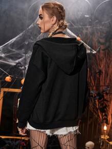 PUNK Halloween Skeleton Rhinestone Zip Up Drawstring Hoodie - Black - View 2