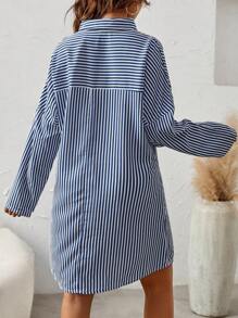SHEIN 孕婦條紋印花落肩袖襯衫洋裝 - 藍白色 - 查看 3