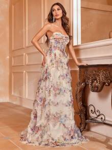 Strapless Floral Maxi Dress With Sweetheart Neckline & Fitted Bodice - Elegant Formal Gown For Spring/Summer Events | Garden Weddings, Evening Galas, Prom Nights, Luxury Dinners Party Dress Wedding Guest Dress
